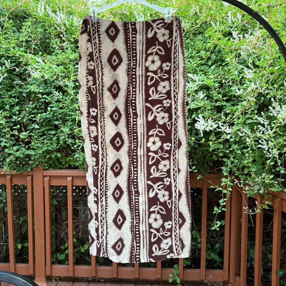 Vintage Boho Brown Floral Batik Wrap Maxi Skirt by Classique Collections
